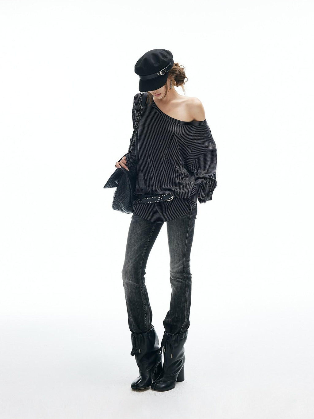iamxiaa Slub Texture Lightning Ombre Vintage Women's Cotton Stretch Flare Jeans