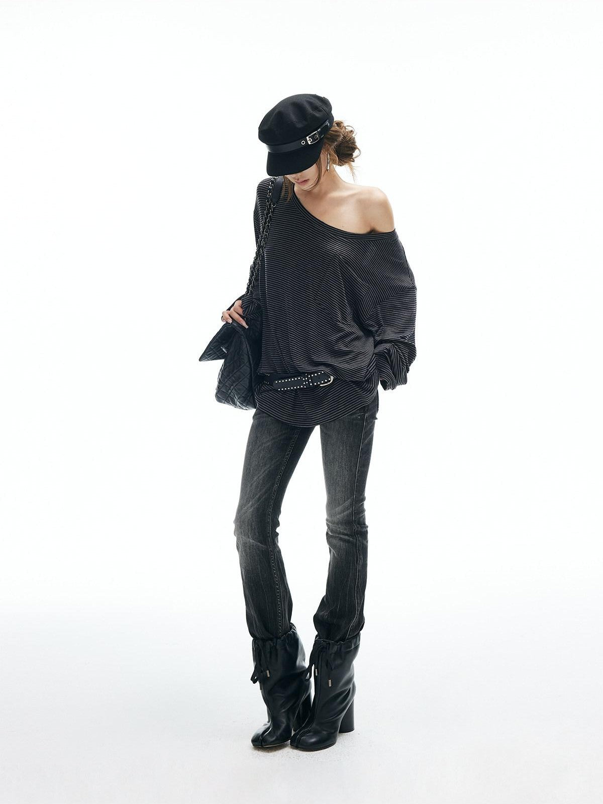 iamxiaa Slub Texture Lightning Ombre Vintage Women's Cotton Stretch Flare Jeans
