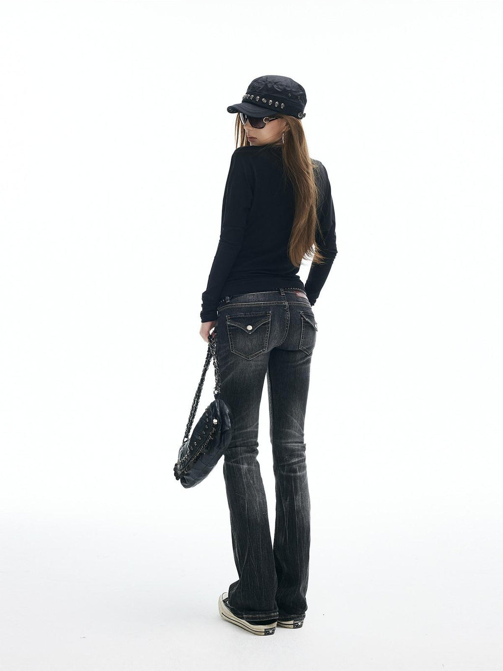 iamxiaa Slub Texture Lightning Ombre Vintage Women's Cotton Stretch Flare Jeans
