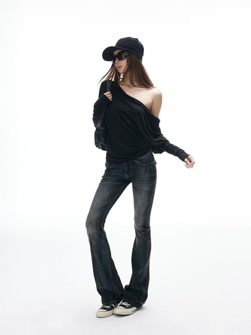iamxiaa Slub Texture Lightning Ombre Vintage Women's Cotton Stretch Flare Jeans