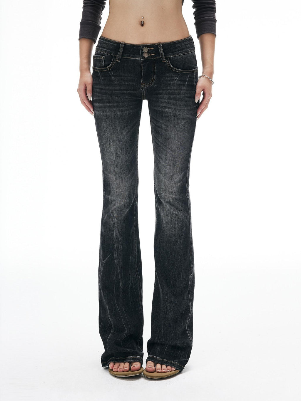 iamxiaa Slub Texture Lightning Ombre Vintage Women's Cotton Stretch Flare Jeans