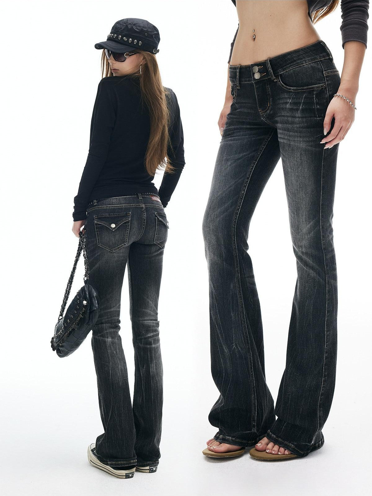 iamxiaa Slub Texture Lightning Ombre Vintage Women's Cotton Stretch Flare Jeans