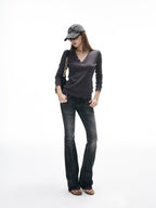 iamxiaa Slub Texture Lightning Ombre Vintage Women's Cotton Stretch Flare Jeans