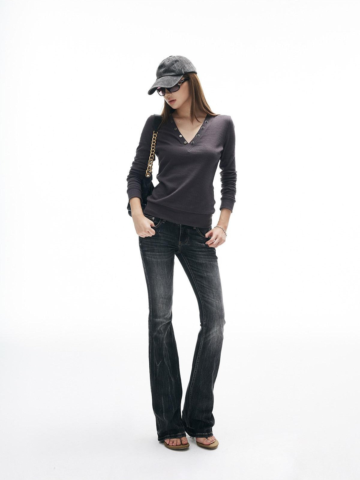 iamxiaa Slub Texture Lightning Ombre Vintage Women's Cotton Stretch Flare Jeans