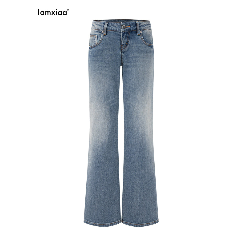 iamxiaa Slub Texture Washed Low Rise Stretch Women's Cotton Flare Jeans 1067166649912