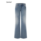 iamxiaa Slub Texture Washed Low Rise Stretch Women's Cotton Flare Jeans 1067166649912