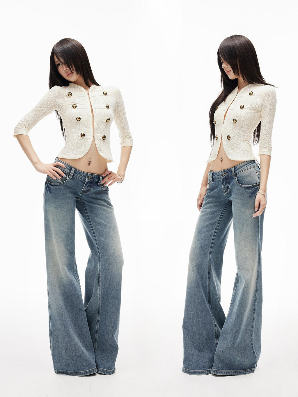 iamxiaa Slub Texture Washed Low Rise Stretch Women's Cotton Flare Jeans
