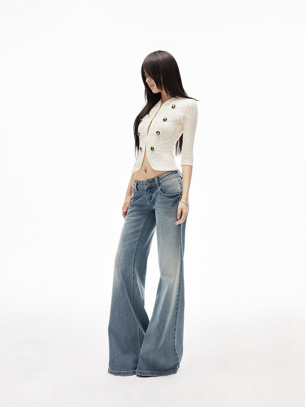 iamxiaa Slub Texture Washed Low Rise Stretch Women's Cotton Flare Jeans