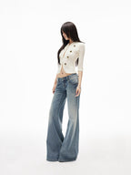 iamxiaa Slub Texture Washed Low Rise Stretch Women's Cotton Flare Jeans