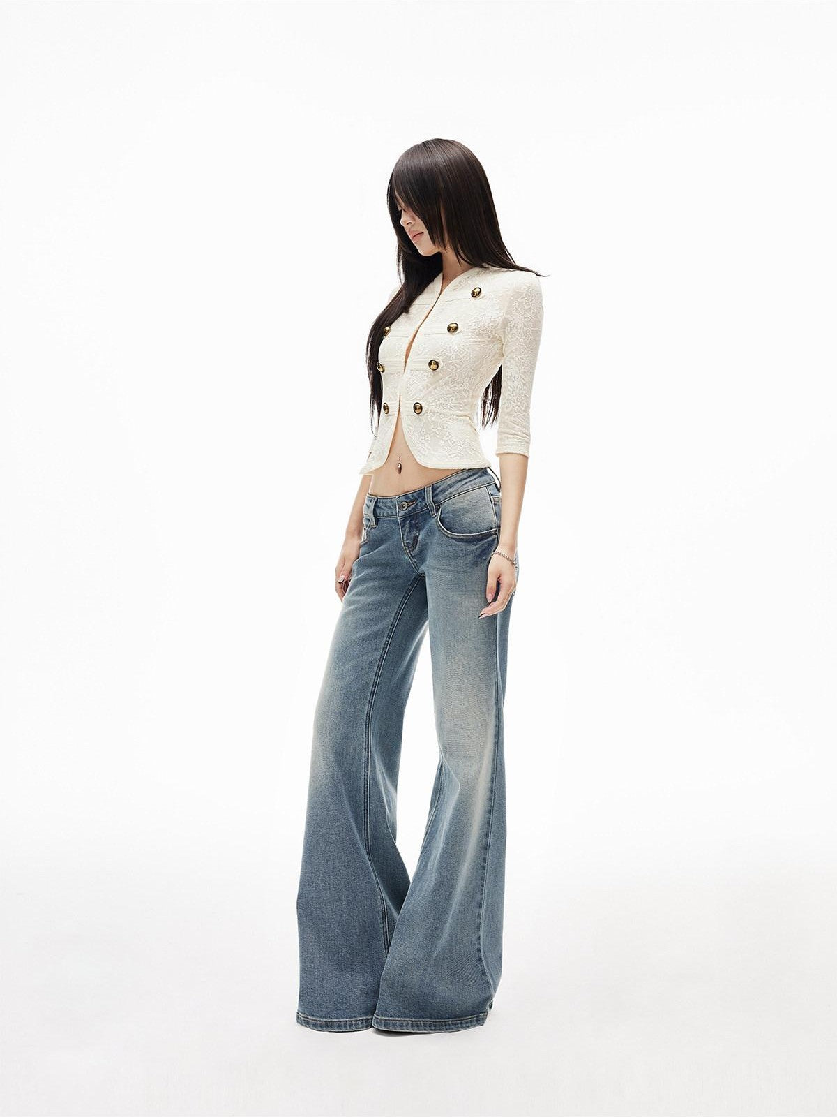 iamxiaa Slub Texture Washed Low Rise Stretch Women's Cotton Flare Jeans