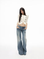 iamxiaa Slub Texture Washed Low Rise Stretch Women's Cotton Flare Jeans