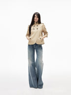 iamxiaa Slub Texture Washed Low Rise Stretch Women's Cotton Flare Jeans