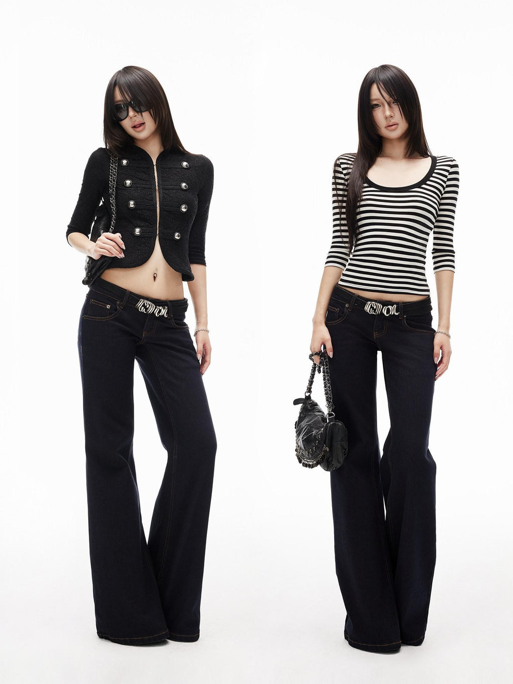iamxiaa Slub Texture Washed Low Rise Stretch Women's Cotton Flare Jeans