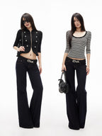 iamxiaa Slub Texture Washed Low Rise Stretch Women's Cotton Flare Jeans