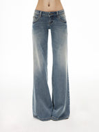 iamxiaa Slub Texture Washed Low Rise Stretch Women's Cotton Flare Jeans