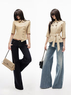 iamxiaa Slub Texture Washed Low Rise Stretch Women's Cotton Flare Jeans