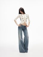 iamxiaa Slub Texture Washed Low Rise Stretch Women's Cotton Flare Jeans