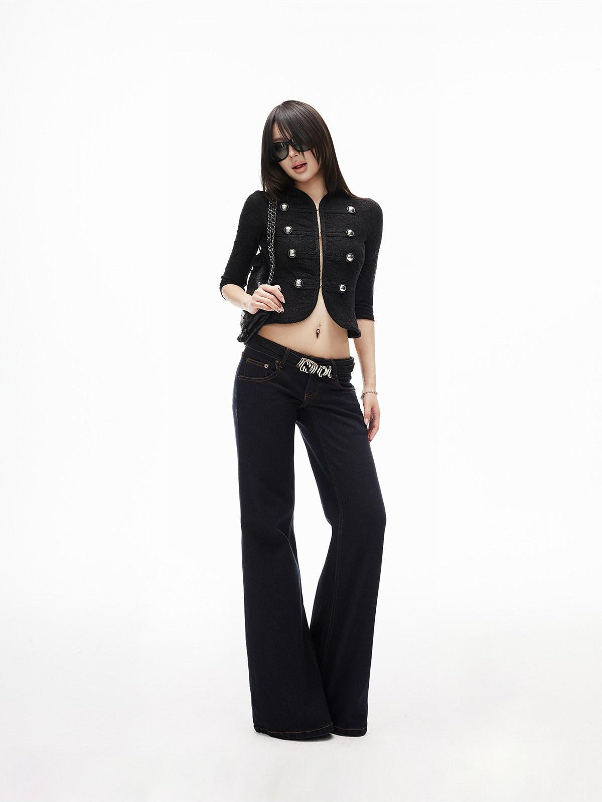 iamxiaa Slub Texture Washed Low Rise Stretch Women's Cotton Flare Jeans