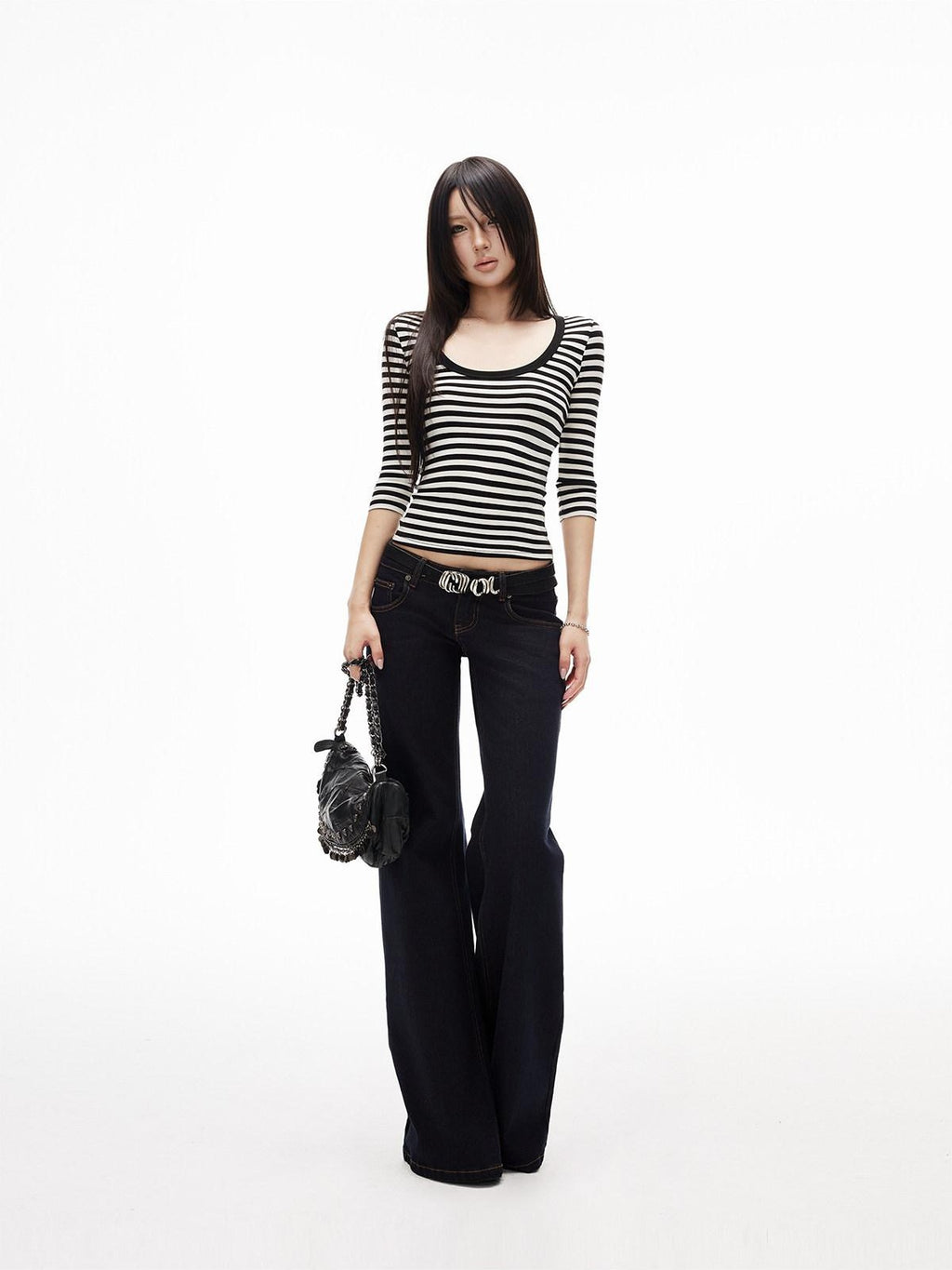 iamxiaa Slub Texture Washed Low Rise Stretch Women's Cotton Flare Jeans