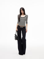 iamxiaa Slub Texture Washed Low Rise Stretch Women's Cotton Flare Jeans