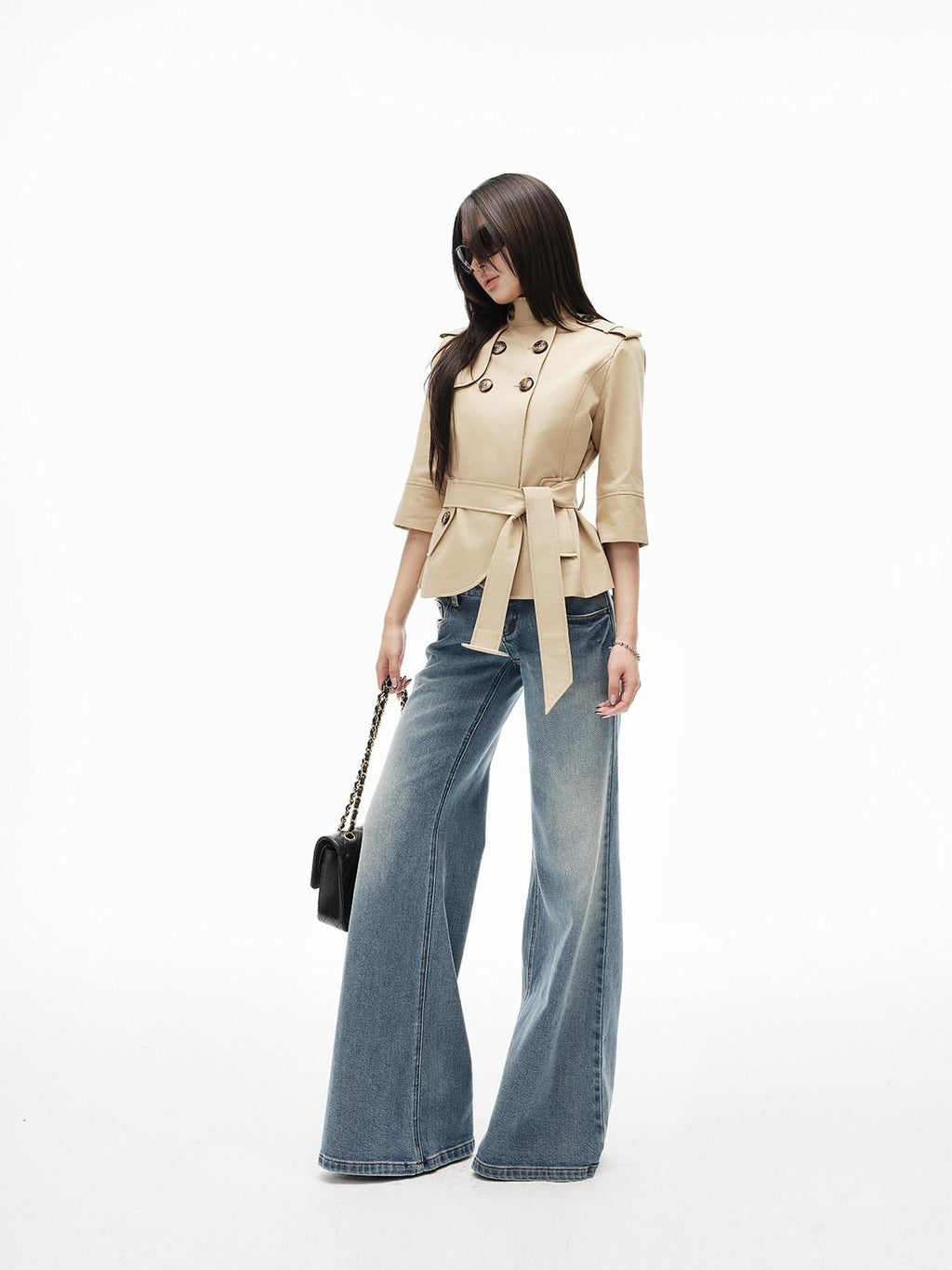 iamxiaa Slub Texture Washed Low Rise Stretch Women's Cotton Flare Jeans
