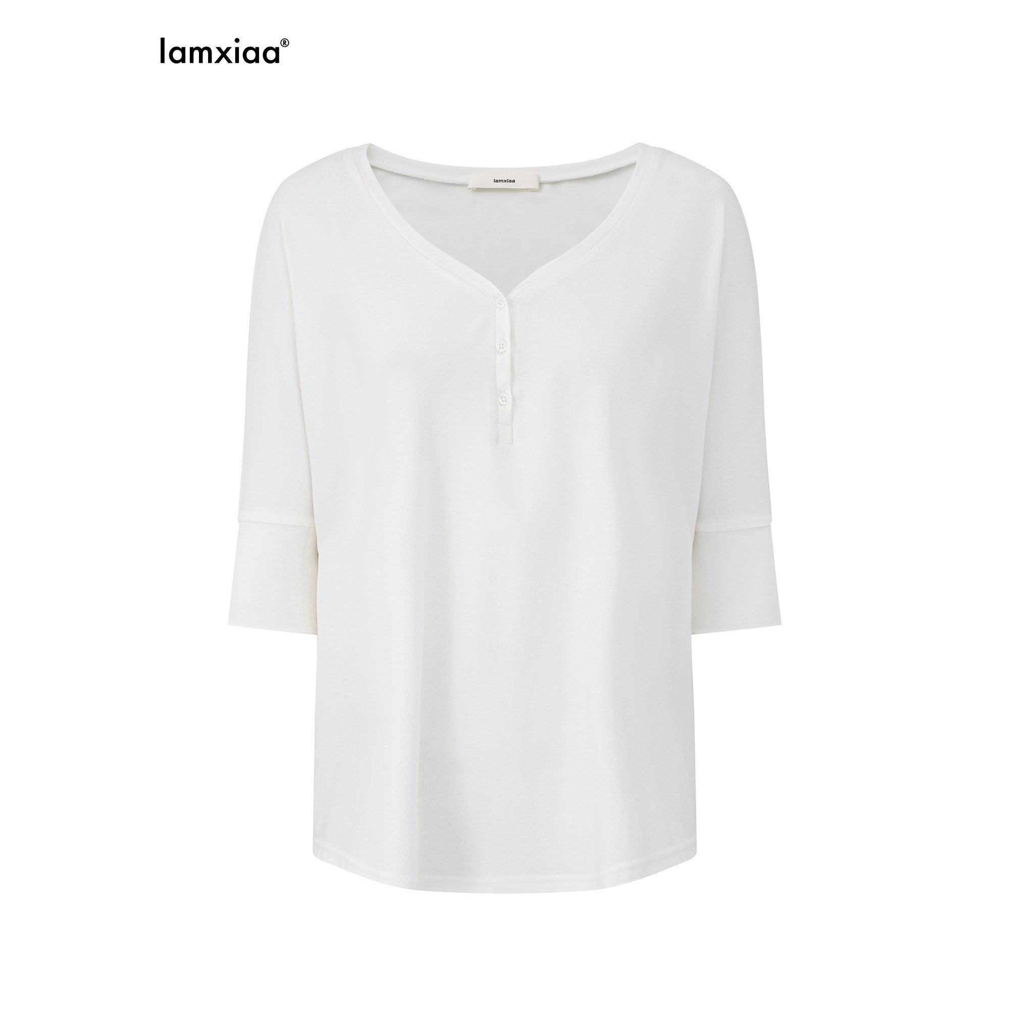 iamxiaa Soft Drape Heart Henley Collar Shell Buttons Women's Short Sleeve T-shirts 1032846220092