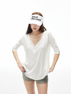 iamxiaa Soft Drape Heart Henley Collar Shell Buttons Women's Short Sleeve T-shirts