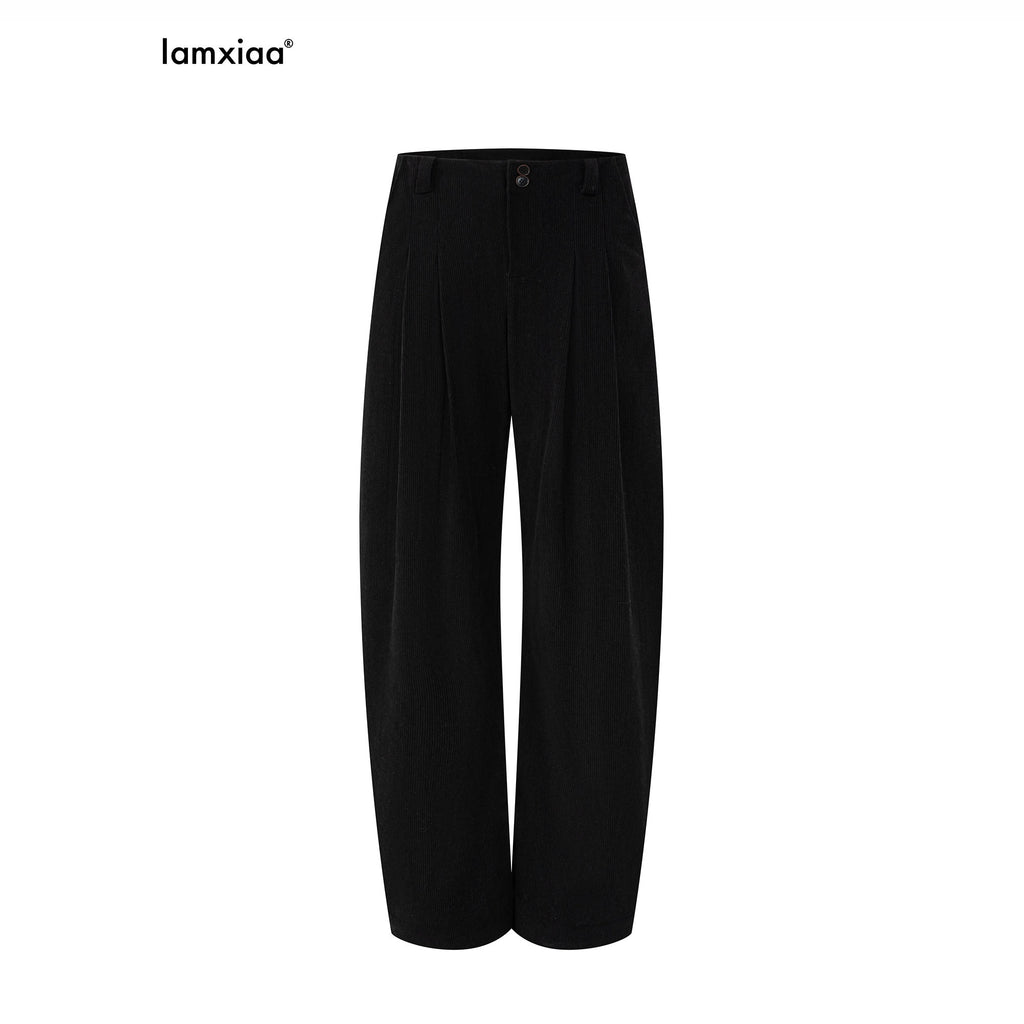 iamxiaa Soft Draped Double Pleat Buttoned Hem Women's Brushed Corduroy Wide-leg Pants 999606492983