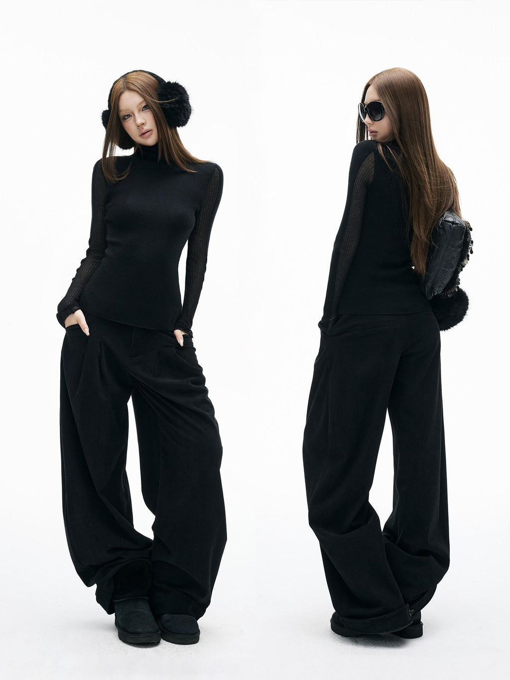 iamxiaa Soft Draped Double Pleat Buttoned Hem Women's Brushed Corduroy Wide-leg Pants