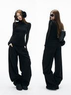 iamxiaa Soft Draped Double Pleat Buttoned Hem Women's Brushed Corduroy Wide-leg Pants