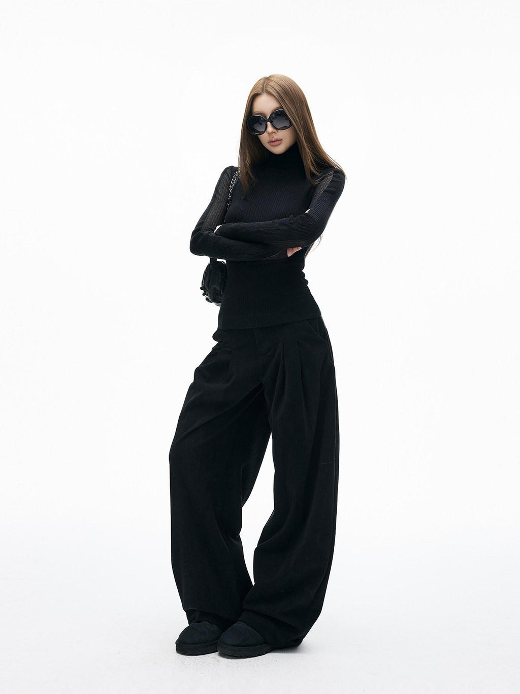 iamxiaa Soft Draped Double Pleat Buttoned Hem Women's Brushed Corduroy Wide-leg Pants