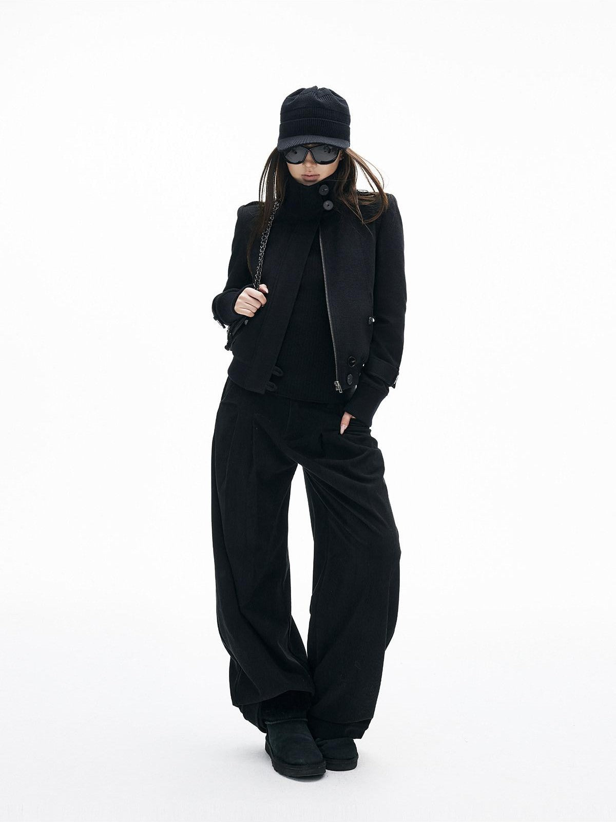 iamxiaa Soft Draped Double Pleat Buttoned Hem Women's Brushed Corduroy Wide-leg Pants