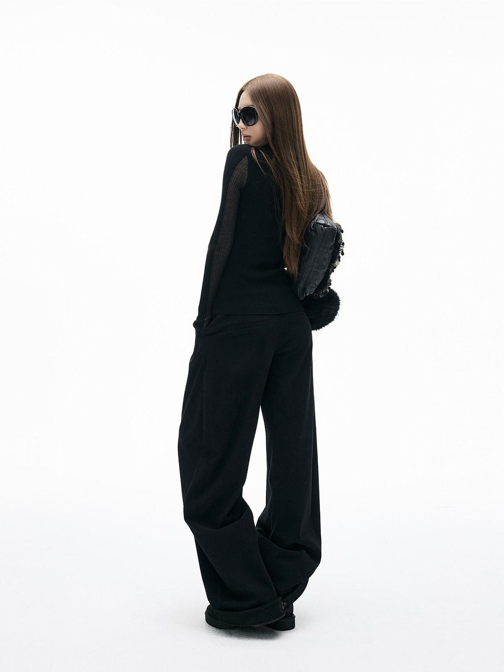 iamxiaa Soft Draped Double Pleat Buttoned Hem Women's Brushed Corduroy Wide-leg Pants