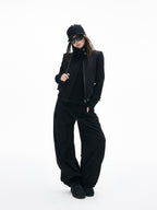iamxiaa Soft Draped Double Pleat Buttoned Hem Women's Brushed Corduroy Wide-leg Pants