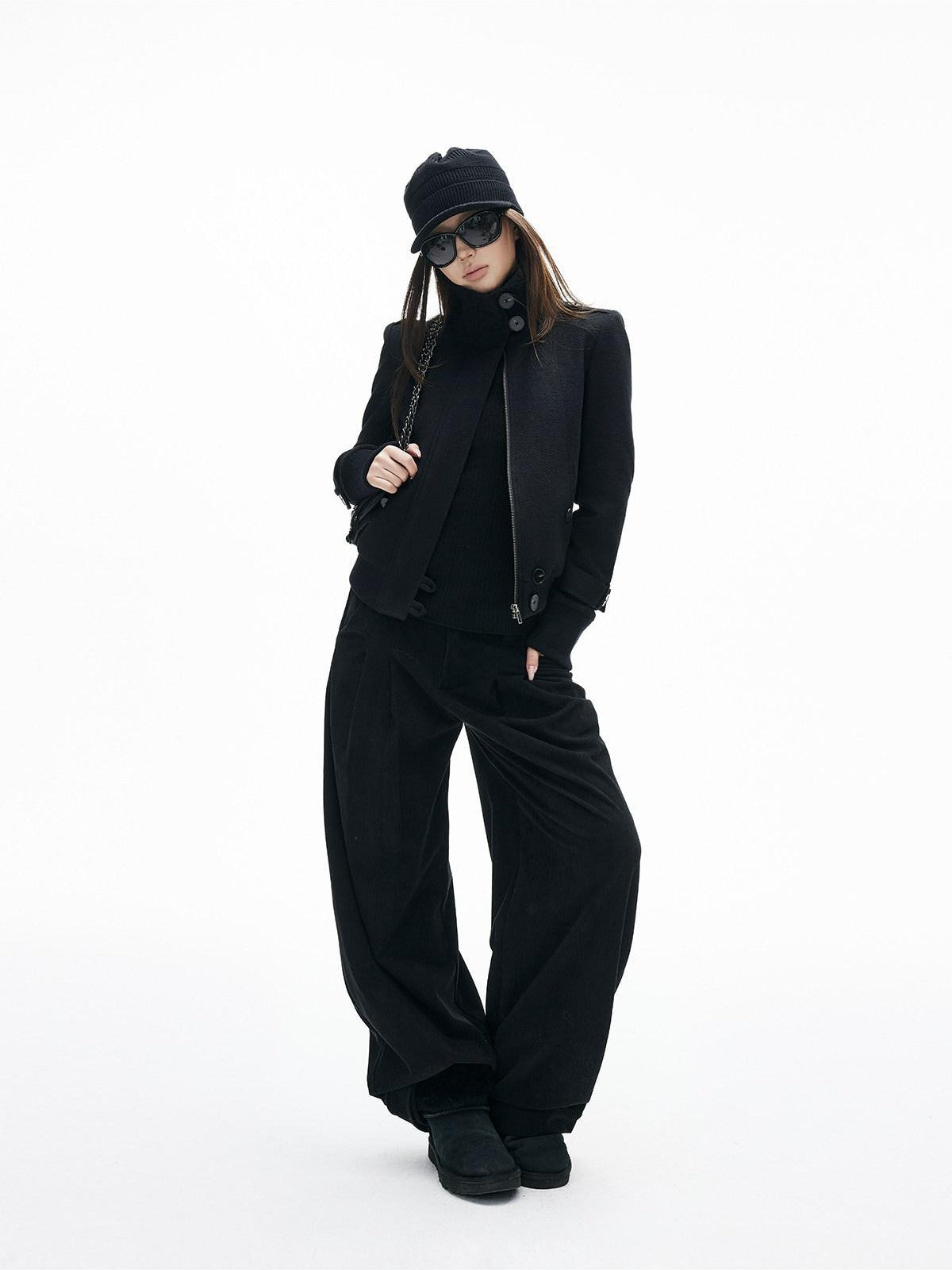 iamxiaa Soft Draped Double Pleat Buttoned Hem Women's Brushed Corduroy Wide-leg Pants