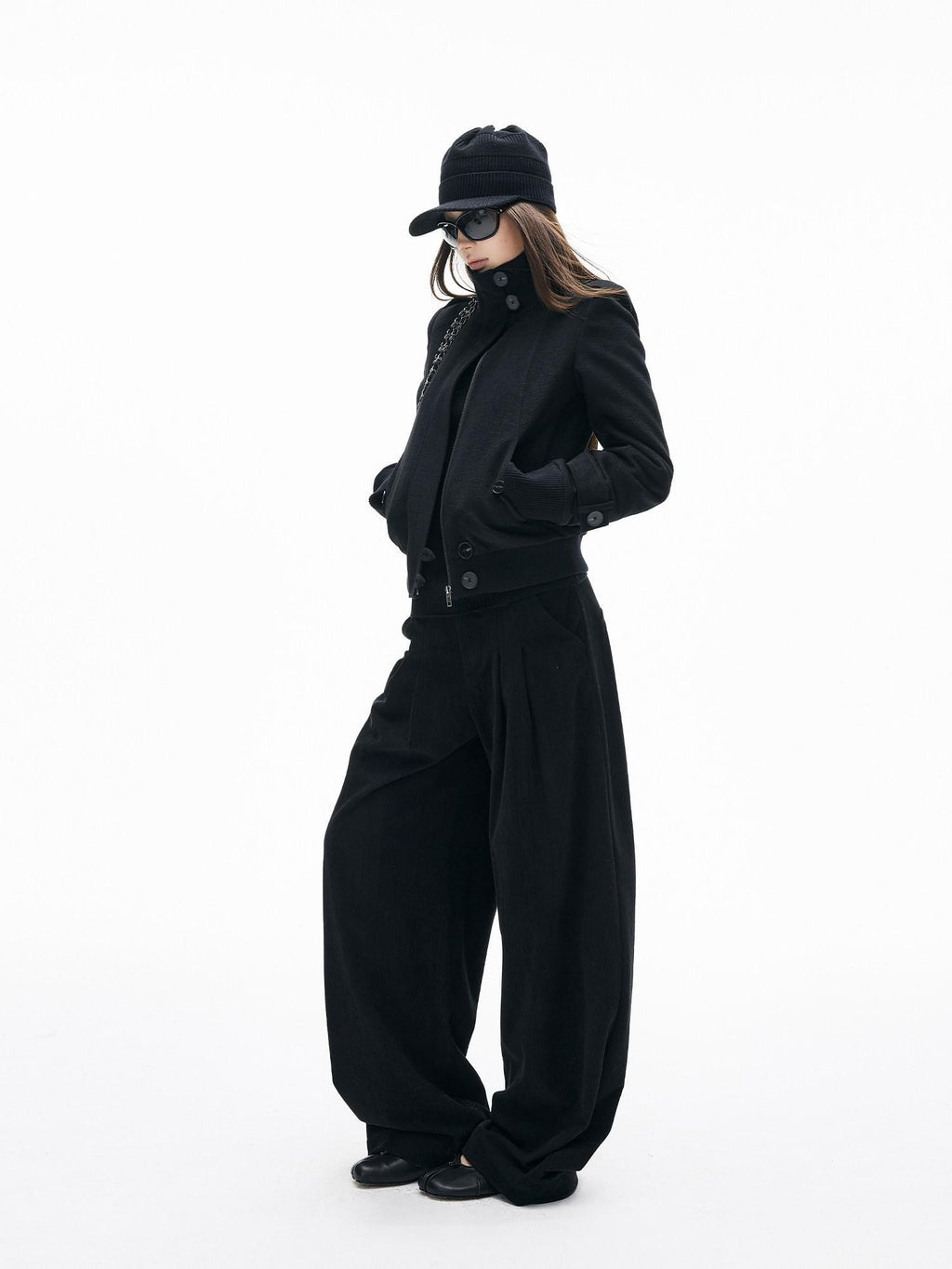iamxiaa Soft Draped Double Pleat Buttoned Hem Women's Brushed Corduroy Wide-leg Pants