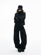 iamxiaa Soft Draped Double Pleat Buttoned Hem Women's Brushed Corduroy Wide-leg Pants