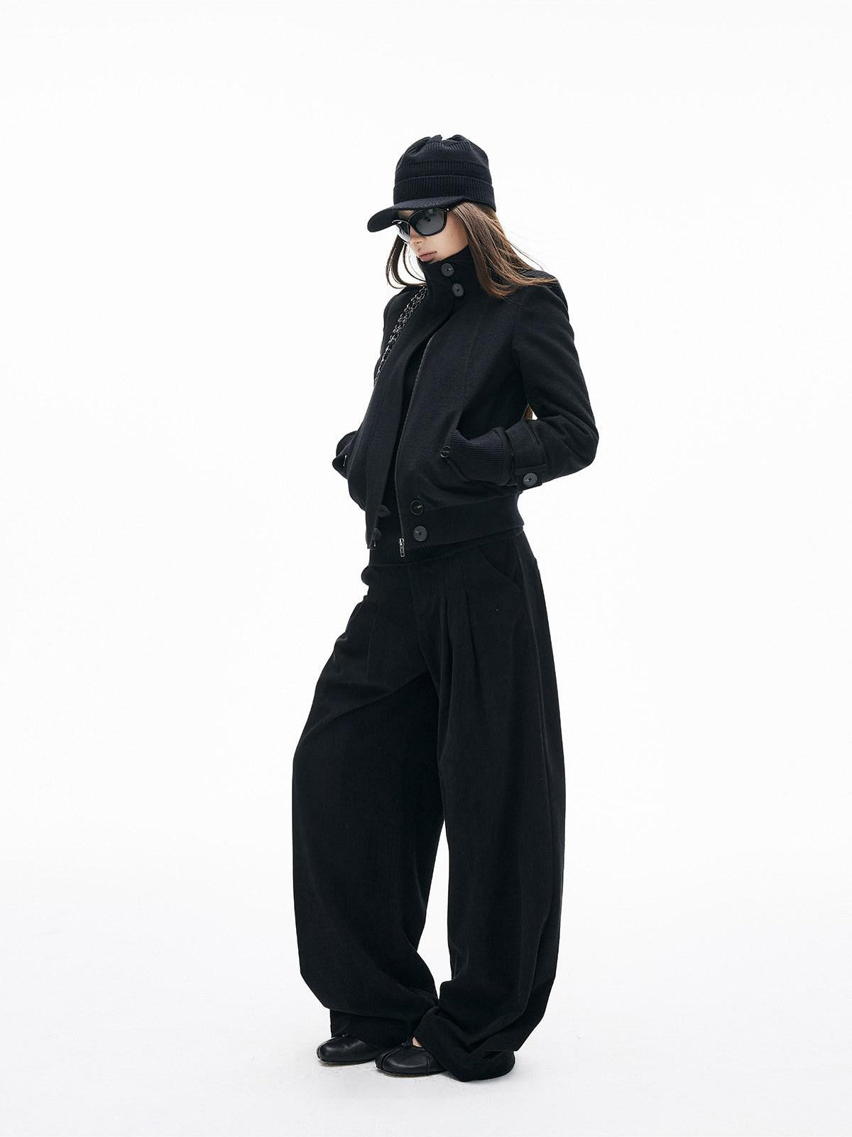 iamxiaa Soft Draped Double Pleat Buttoned Hem Women's Brushed Corduroy Wide-leg Pants