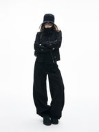 iamxiaa Soft Draped Double Pleat Buttoned Hem Women's Brushed Corduroy Wide-leg Pants