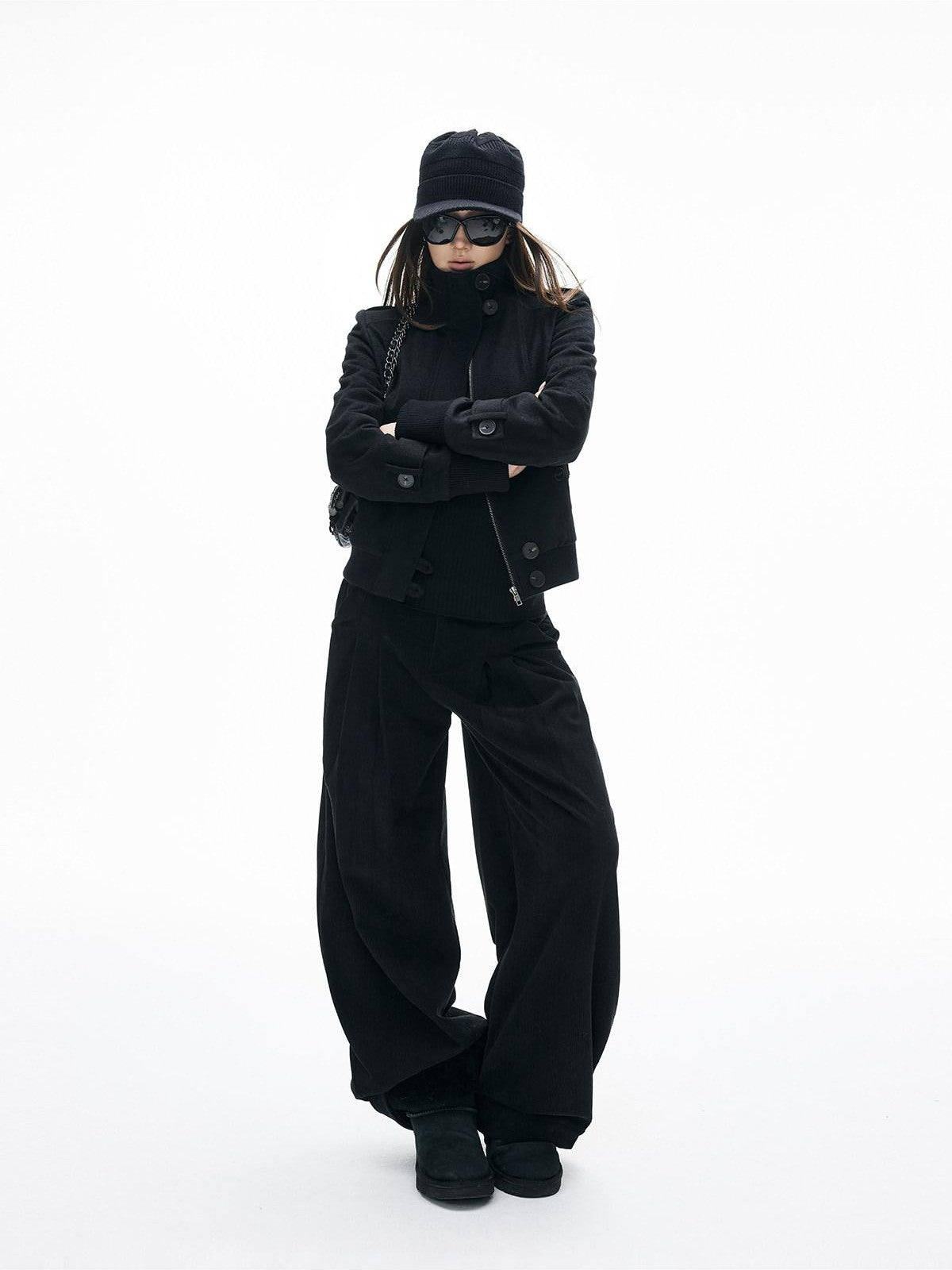 iamxiaa Soft Draped Double Pleat Buttoned Hem Women's Brushed Corduroy Wide-leg Pants