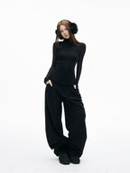 iamxiaa Soft Draped Double Pleat Buttoned Hem Women's Brushed Corduroy Wide-leg Pants
