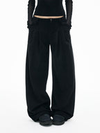 iamxiaa Soft Draped Double Pleat Buttoned Hem Women's Brushed Corduroy Wide-leg Pants