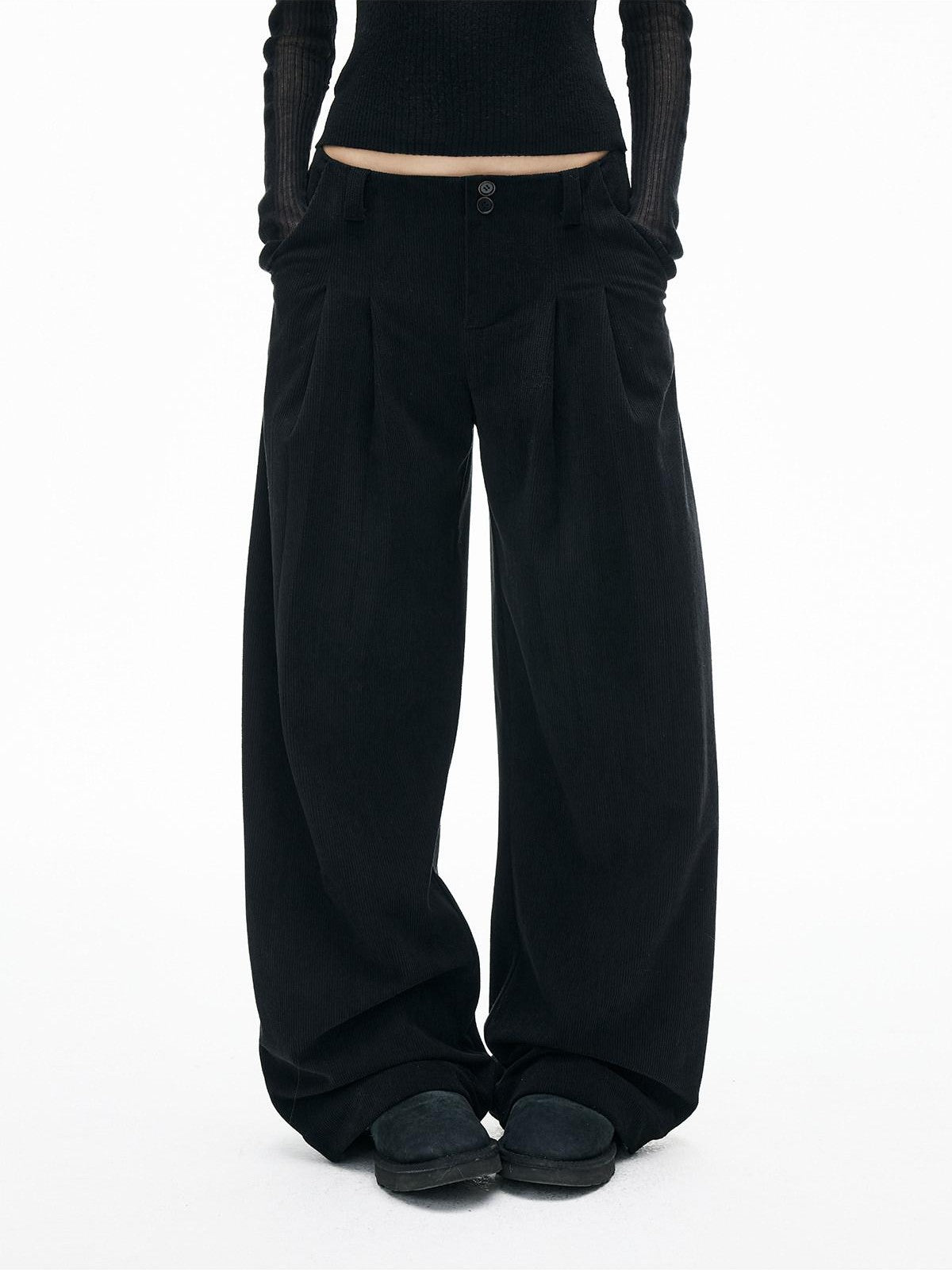 iamxiaa Soft Draped Double Pleat Buttoned Hem Women's Brushed Corduroy Wide-leg Pants