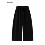 iamxiaa Soft Drawstring Elastic Waist Relaxed Curved Hem Women's Fleece Chinos 982753845263