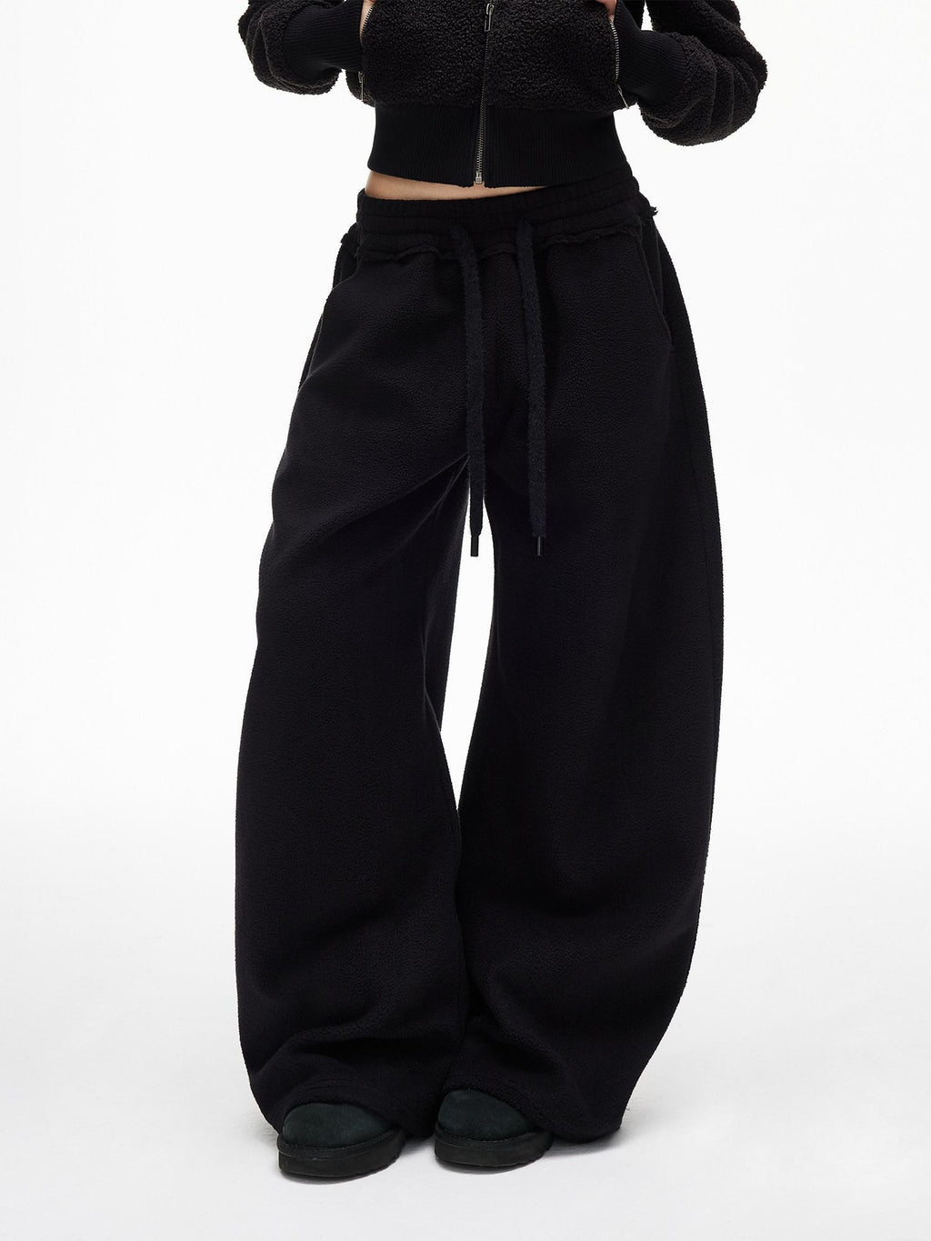 iamxiaa Soft Drawstring Elastic Waist Relaxed Curved Hem Women's Fleece Chinos