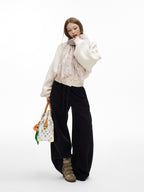 iamxiaa Soft Drawstring Elastic Waist Relaxed Curved Hem Women's Fleece Chinos