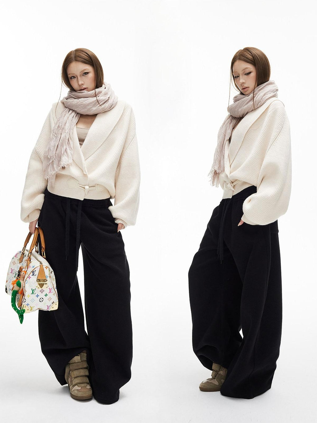 iamxiaa Soft Drawstring Elastic Waist Relaxed Curved Hem Women's Fleece Chinos