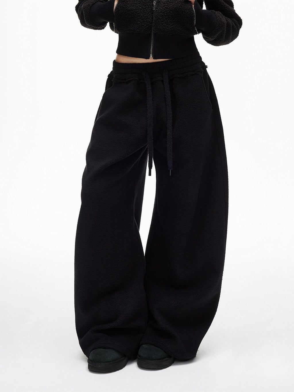 iamxiaa Soft Drawstring Elastic Waist Relaxed Curved Hem Women's Fleece Chinos