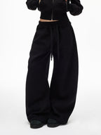 iamxiaa Soft Drawstring Elastic Waist Relaxed Curved Hem Women's Fleece Chinos