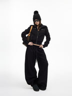 iamxiaa Soft Drawstring Elastic Waist Relaxed Curved Hem Women's Fleece Chinos